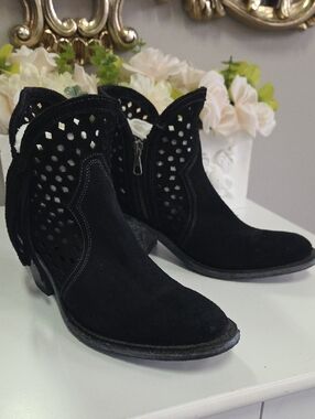 Shyanne Black Suede Perforated Ankle Booties with Fringe